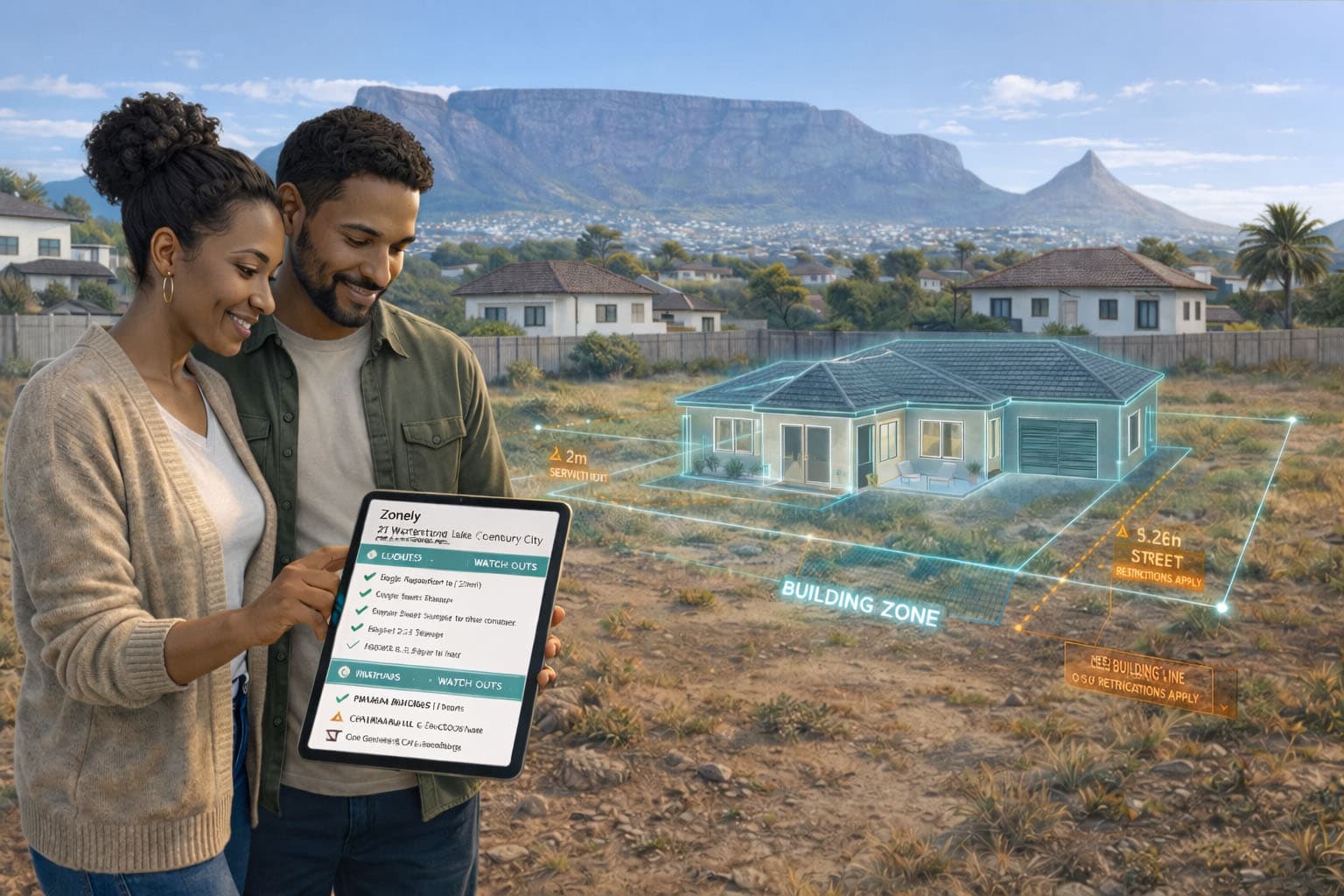 Couple reviewing a Zonely property report with a proposed building overlay on the site